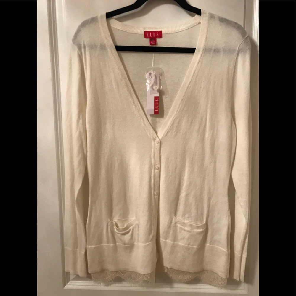 NWT Elle Lace trim Ivory V Neck Cardigan Size M
